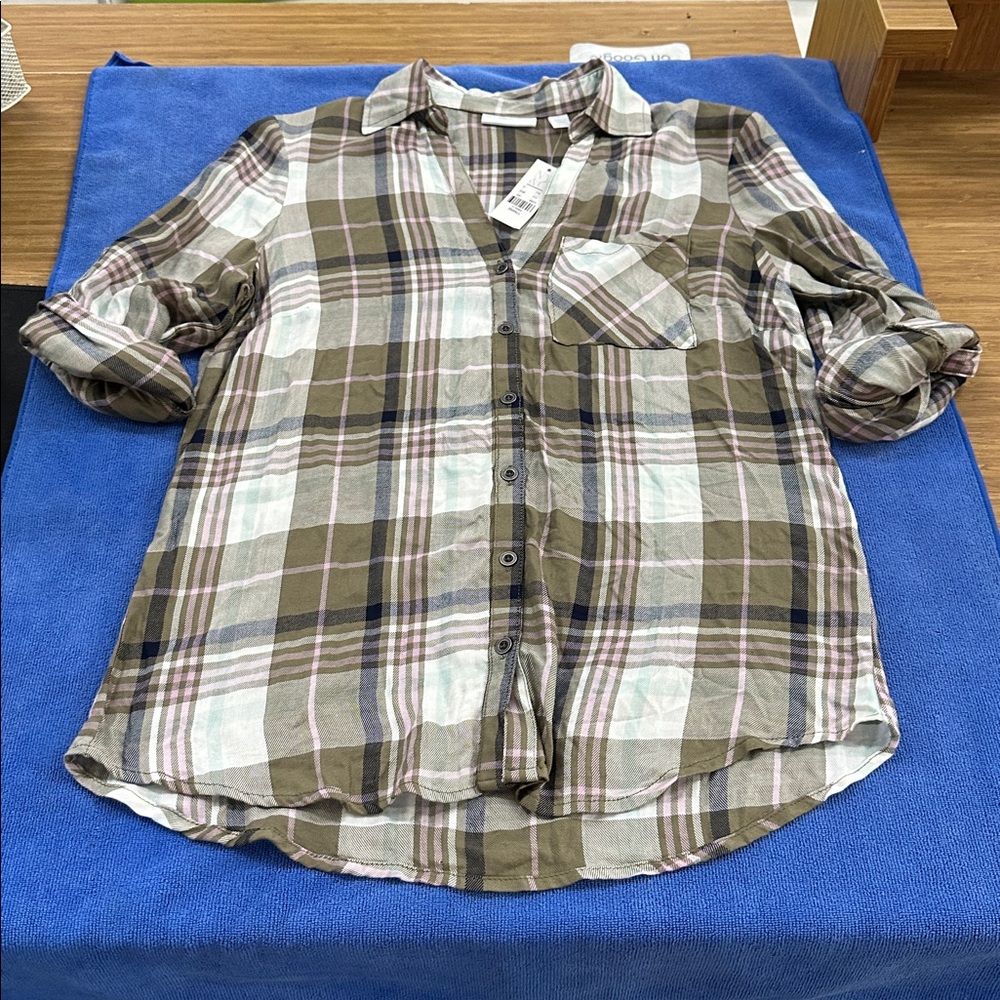 New York & Company Plaid Button Down Shirt - Olive and Cream
